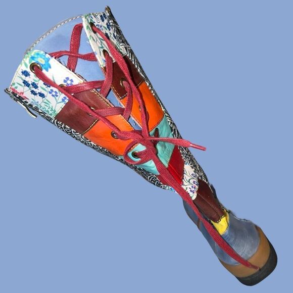 Socofy Bohemian Splicing Pattern Blue Leather Side Zip Back Lace Boot Size 7 7.5 - Picture 7 of 12